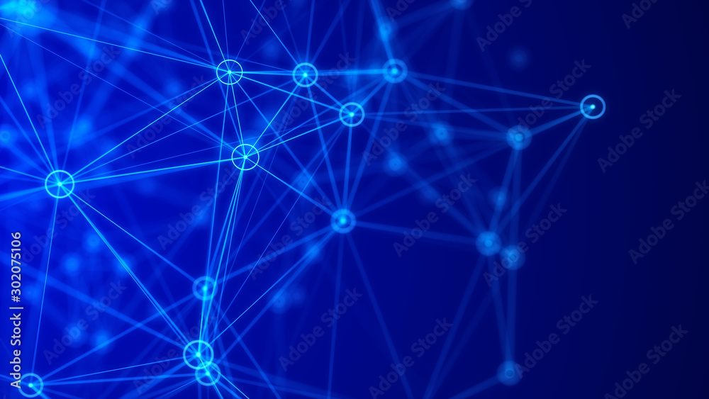 Aufkleber Network connection structure. Big data digital blue background. Science background with connected dots, lines and triangles. 3d rendering.