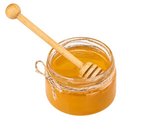 Honey pot and dipper isolated on white background