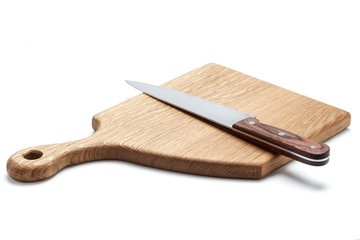 Kitchen Knife Lying On A Cutting Board, White Background