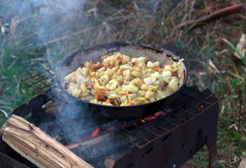 cooking in nature, fried potatoes with mushrooms and vegetables on the fire	
