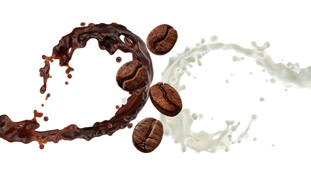 Black coffee, espresso, americano, liquid melted chocolate, arabica coffee beans, milk swirl 3D splash twisted. Liquid chocolate, coffee, fresh milk template. Morning drink ingredients in spiral form