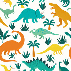 Hand drawn seamless pattern with dinosaurs and tropical leaves and flowers. Perfect for kids fabric, textile, nursery wallpaper. Cute dino design. Vector illustration.