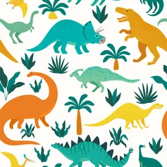  Hand drawn seamless pattern with dinosaurs and tropical leaves and flowers. Perfect for kids fabric, textile, nursery wallpaper. Cute dino design. Vector illustration. © Angelina Bambina
