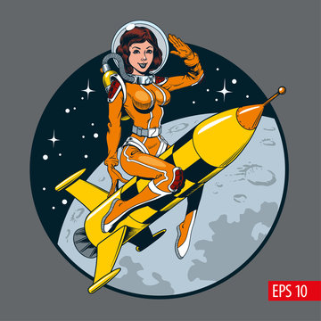 A vintage comic style sexy astronaut woman in space suit and helmet riding a rocket. Vector illustration.