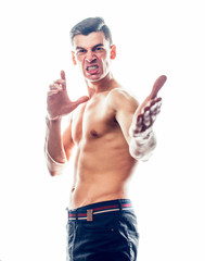 Fototapeta premium young handsome naked torso man boxing on white background isolated, lifestyle sport agressive people concept