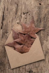 envelope on a wooden table decorated with dried autumn leaves