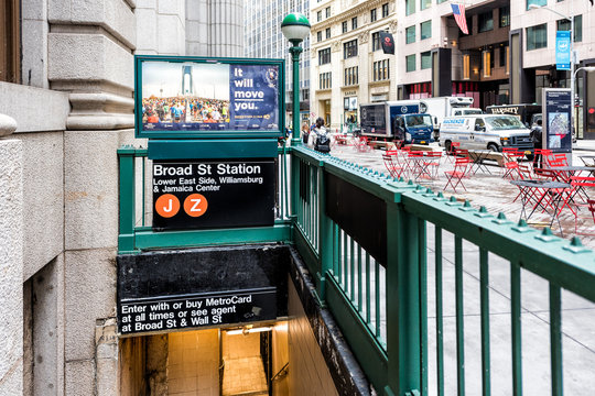 New York City, USA - October 30, 2017: Wall Street Broad St Subway Exit, Entrance In NYC Manhattan Lower Financial District Downtown