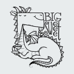 Cute cartoon dragon, doodle childish vector illustration.