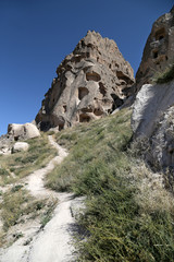 Uchisar, Turkey - 09/18/2009: Uchisar fortress carved into the rocks of Cappadocia.