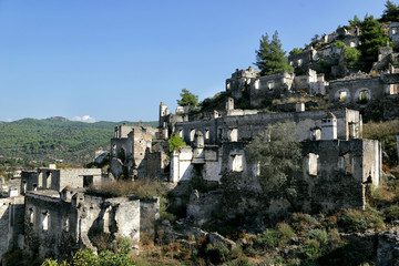 Kayakoy, Turkey - 09/28/2019: View of an abandoned ghost village near Fethiye.