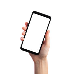 Woman holding smartphone with empty screen isolated on white background, front view. Space for text