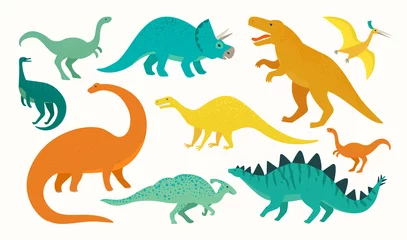 Fototapete Jungenzimmer Cartoon-Dinosaurier-Set. Niedliche Dinosaurier-Icon-Sammlung. Farbige Raubtiere und Pflanzenfresser. Flache Vektorillustration lokalisiert auf weißem Hintergrund.