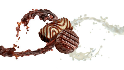 Milk chocolate sauce 3D splash, assorted milk chocolate praline candies dessert isolated on black background. Hot melt milk chocolate sauce cream, sweet milk chocolate candy splash design ad elements