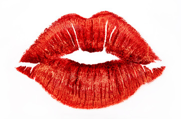 Print of female sexy lips, isolate. Imprint of red lipstick on a white background, close-up. Kiss.