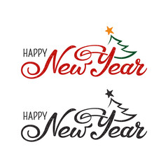 Happy New Year greeting in two variants. Hand drawn lettering composition with Christmas tree. Decorated with small white particles