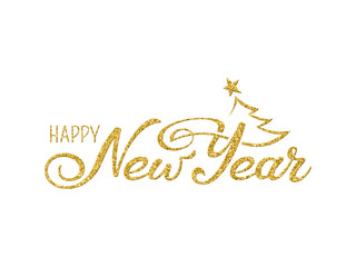 Happy New Year greeting card. Hand drawn lettering composition with Christmas tree  decorated with gold glitter texture  on white background