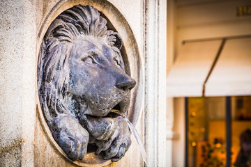 Stone lion head served as fountain - detail of sculpture of Saints Joseph and Leopold on Graben street in Vienna, Austria
