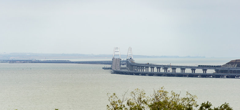 View from Mount Mithridates to new Crimean Bridge, also called Kerch Bridge, through Kerch Strait to Crimea. Automobile and railway bridge connecting Taman and Kerch.
