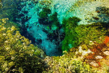 Beautiful bright turquoise spring Blue Eye (Syri i Kalter) Saranda, Albania, river Bistrice. Top view with pebbles, stones and plants around. Can be used as abstract nature water background.