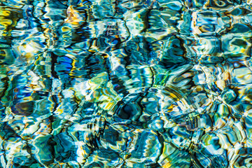 Abstract background of clear sea or river water ripple waves in blue, green, yellow color. Sea...