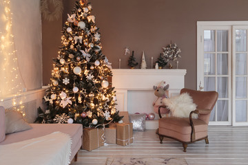 Winter home decor. Christmas tree in loft interior. Old vintage furniture