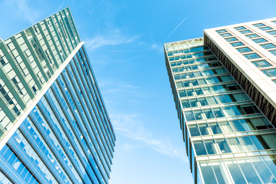 Tysons, USA - January 26, 2018: Hyatt Regency hotel skyscraper, highrise isolated against blue sky