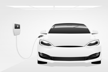 Fototapeta na wymiar White electric car with a charging station. Vector illustration