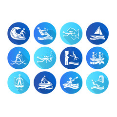 Watersports flat design long shadow glyph icons set. Cave diving, kiteboarding, flyboarding and jet skiing. Cliff jumping and paddle surfing. Extreme kinds of sport. Vector silhouette illustration