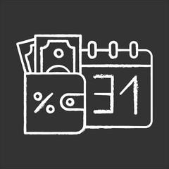Credit money chalk icon. Payday loan. Currency in wallet. Paying monthly for loan. Tracking percentage rate income. Investment, income. Finances, economy. Isolated vector chalkboard illustration