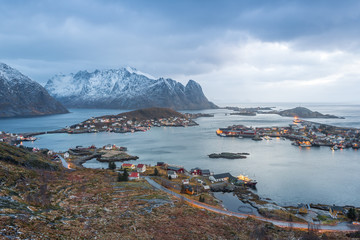 winter scene of reine fishing town at norway