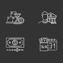 Credit chalk icons set. Monthly icome increase report. Personal loan. Credit manager. Cash advance. Bank building. Credit bureau. Borrow money. Isolated vector chalkboard illustrations