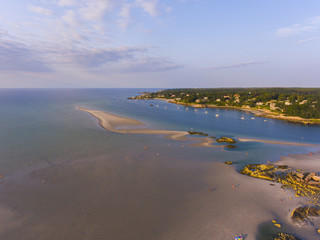 Fototapeta na wymiar Wingaersheek Beach aerial view at sunset in Gloucester, Cape Ann, Massachusetts, USA.