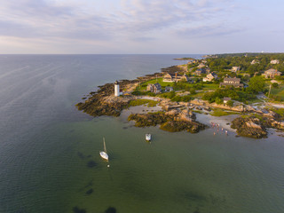 Annisquam Harbor Lighthouse aerial view, Gloucester, Cape Ann, Massachusetts, USA. This historic...
