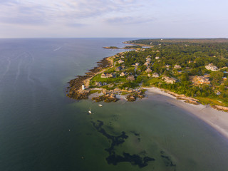 Annisquam Harbor Lighthouse aerial view, Gloucester, Cape Ann, Massachusetts, USA. This historic...