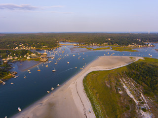 Wingaersheek Beach aerial view at sunset in Gloucester, Cape Ann, Massachusetts, USA.