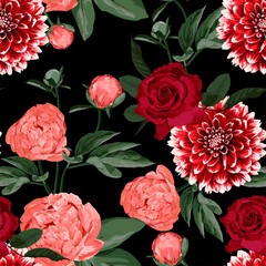 Floral Seamless Pattern with Coral Orange Peonies and roses. Spring Blooming Flowers Background for Fabric, Prints, Decoration, Invitation, Wallpapers, Wrapping Paper. Black background.