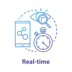 Obraz premium Real-time concept icon. Software development tools idea thin line illustration. Mobile device programming and coding. Application management and optimization. Vector isolated outline drawing
