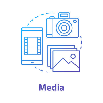 Media concept icon. Visual content idea thin line illustration. Videos, pictures and photos on mobile devices. Media library and files storage service. Vector isolated outline drawing