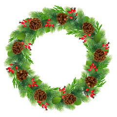 Fototapeta na wymiar Realistic New Year green coniferous garland / wreath. Natural festive decor. Isolated without shadow.