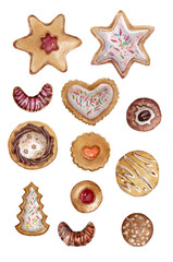 Christmas cookies of different shapes, watercolor drawing