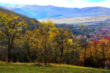 Typical rural landscape and peasant houses in Garbova, Transylvania, Romania. The settlement was...