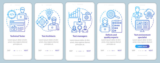 Software testing roles onboarding mobile app page screen vector template. Qulity control experts. Walkthrough website steps with linear illustrations. UX, UI, GUI smartphone interface concept