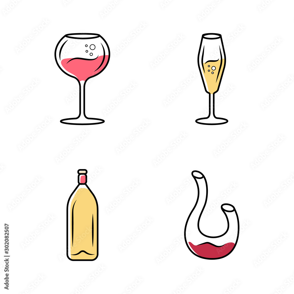 Wall mural Dessert and sparkling wine icons set. Different types of wineglasses. Decanter, bottle. Aperitif drink, cocktail, alcohol beverage. Party, bar, restaurant tableware. Isolated vector illustrations