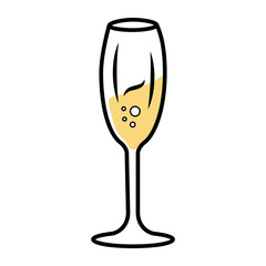Sparkling wine yellow color icon. Tulip wineglass. Champagne. Alcohol beverage. Party cocktail. Sweet aperitif drink. Tableware, glassware for bar, restaurant. Isolated vector illustration