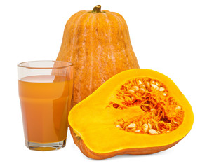 Glass of pumpkin juice with squashes, 3D rendering