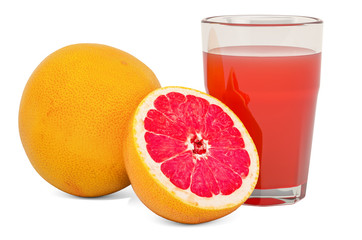 Glass of grapefruit juice with grapefruits, 3D rendering