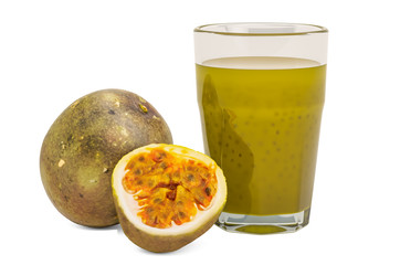 Glass of passion fruit juice with passion fruits, 3D rendering © alexlmx