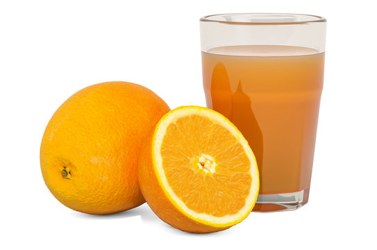 Glass of orange juice with oranges, 3D rendering
