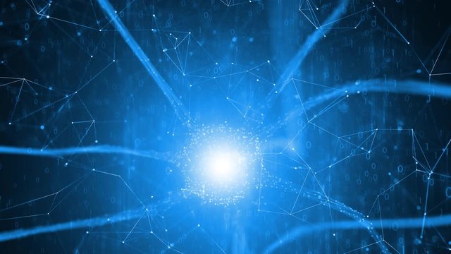 3d animated neuron cell with computer binary numbers copy space animation background.