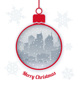 Christmas greeting card with bouble and city inside